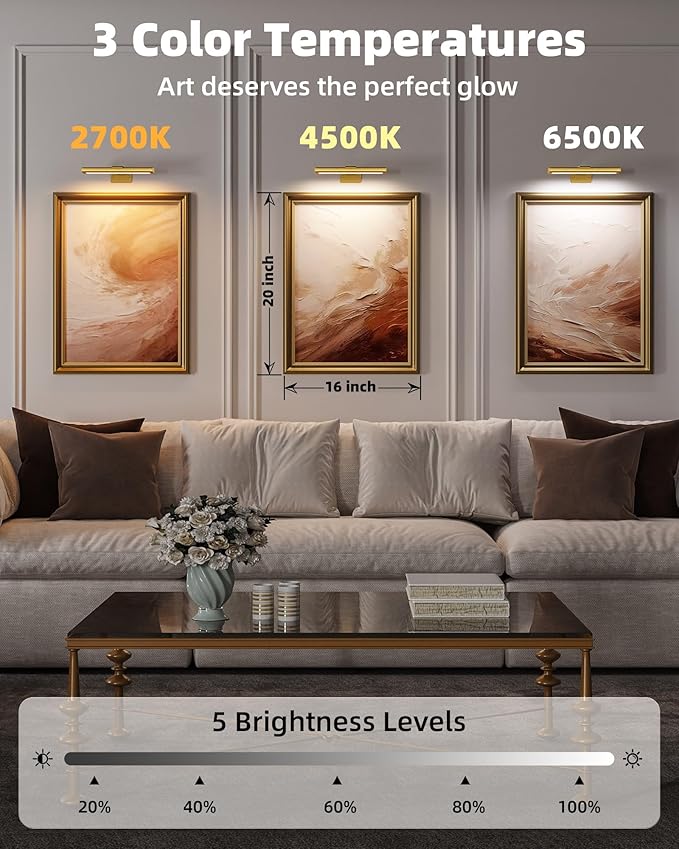 EZVALO Picture Light for Wall, Rechargeable 2400mAh Battery Lights Wireless with IR Remote, 3 Color & Dimmable Magnetic 7.87'' LED Lights Display for Painting, Living Room, Gallery, Bedroom(Gold-3P)