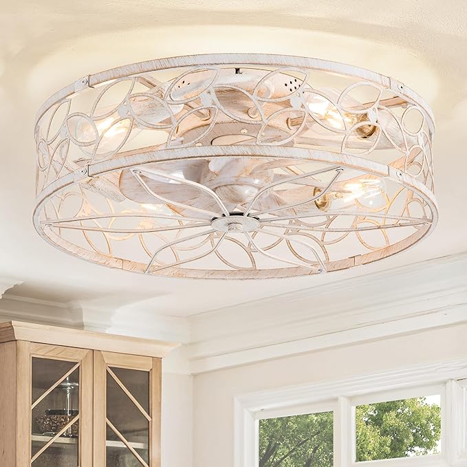 LEDIARY 20 Inch Caged Ceiling Fans with Lights, White Flush Mount Ceiling Fan with Remote&App, Low Profile Bladeless Ceiling Fan Light Fixture for Bedroom, Kitchen, Dining Room-White Gold Color