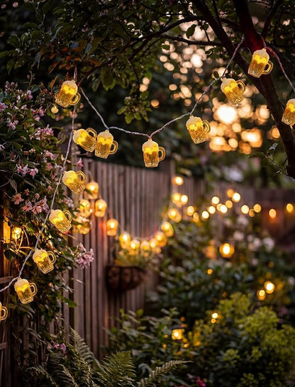 Beer Mug Outdoor String Lights, Hawaiian Decor Lights, 8.5Ft LED Tropical Beach Camping String Lights Plug in with 10 3D Beer Cup Bulbs, Summer Decor for Tent Holiday Party Garden Cinco de Mayo