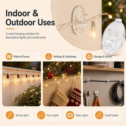 Hooks Lights Clips Outdoor String - 3X Stronger Adhesion 20Pcs Clear Heavy Duty Hangers Waterproof Adhesive - Sticky Removable 0 Residue No Drill Indoor Garage - for Patio Fence Gutters Wall Christmas