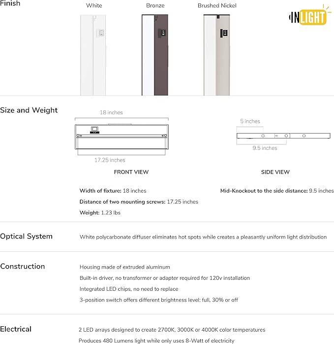 Getinlight 18-inch 3 Color Levels LED Under Cabinet Lighting, Hardwired or Plugged-in, Selectable White 2700K/3000K/4000K, Dimmable, Brushed Nickel Finished, IN-0210-2-SN