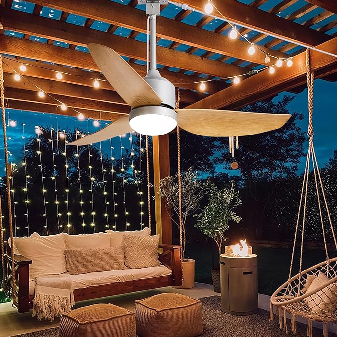 Depuley Outdoor Ceiling Fan with Light: 42 Inch Nickel Waterproof Gazebo Fans with Lights Outdoor Hanging - Plug in Remote App Control for Patio Indoor Farmhouse Porch - 6 Speed Reversible DC Motor