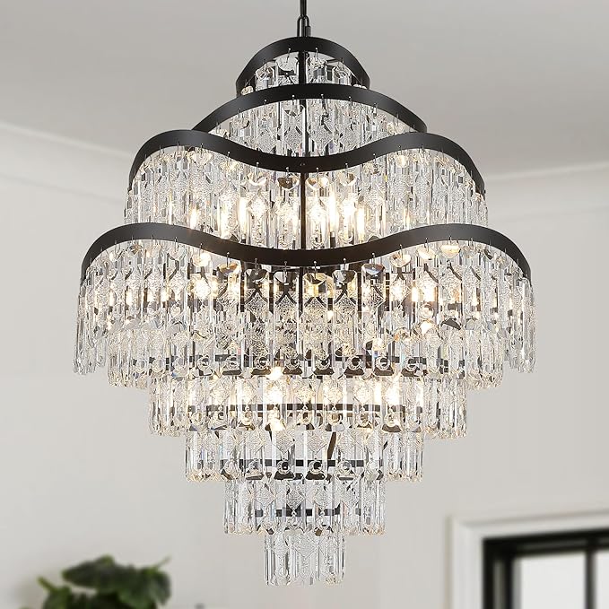 9-Tier 16 Lights Crystal Chandelier Luxury Light Fixtures 24" Black K9 Crystal Pendant Ceiling Lighting for Living Room Dining Room Foyer Bedroom Kitchen, E12