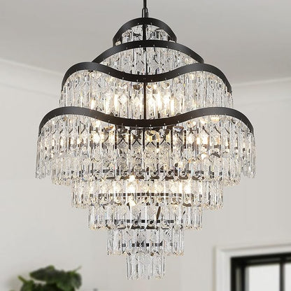 9-Tier 16 Lights Crystal Chandelier Luxury Light Fixtures 24" Black K9 Crystal Pendant Ceiling Lighting for Living Room Dining Room Foyer Bedroom Kitchen, E12