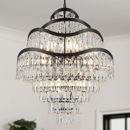 9-Tier 16 Lights Crystal Chandelier Luxury Light Fixtures 24" Black K9 Crystal Pendant Ceiling Lighting for Living Room Dining Room Foyer Bedroom Kitchen, E12