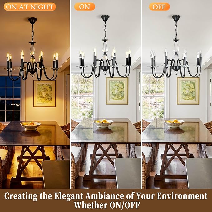 Black Chandelier, 8-Light Farmhouse Candle Chandelier for Living Room, Rustic Industrial Pendant Chandeliers for Dining Room, Vintage Crystal Hanging Light fixture for Hallway Kitchen Foyer E12