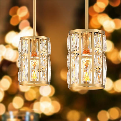 MEXO Modern Crystal Pendant Light Fixture 3-Pack Gold Finish Hanging Lighting Crystal Chandelier for Kitchen Island