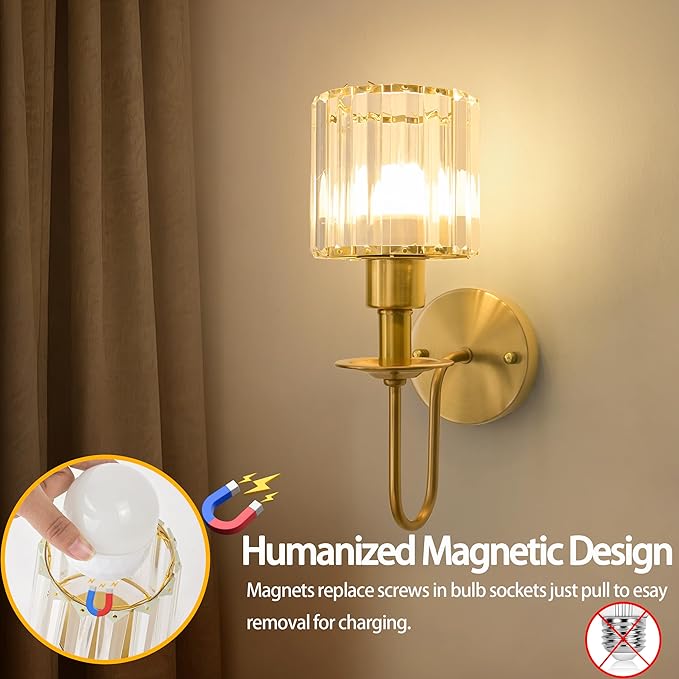 Wireless Wall Sconces Set of two,Battery Operated Wall Sconces with 5200 mAh Bulb and Remote,LED 15 Colors Rechargeable Gold Wall Sconce with Crystal for Bedroom Living Room Hallway Wall Decor