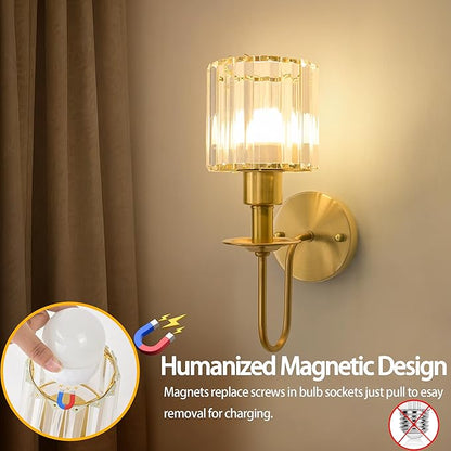 Wireless Wall Sconces Set of two,Battery Operated Wall Sconces with 5200 mAh Bulb and Remote,LED 15 Colors Rechargeable Gold Wall Sconce with Crystal for Bedroom Living Room Hallway Wall Decor