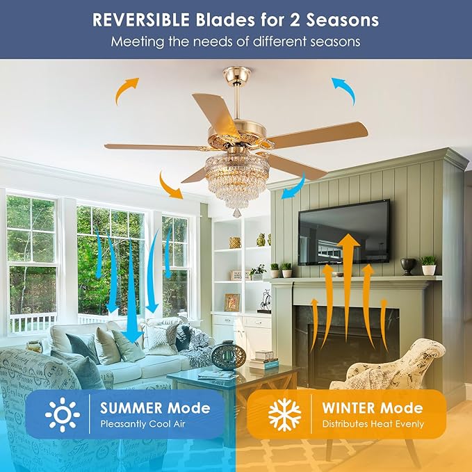 52“Crystal Ceiling Fan Fandelier with Lights - Modern Golden Crystal Chandelier Fans with Remote Control，Retro/Farmhouse Lighting, Dining Room,Living Room Ceiling Fan Light with Noiseless DC Motor