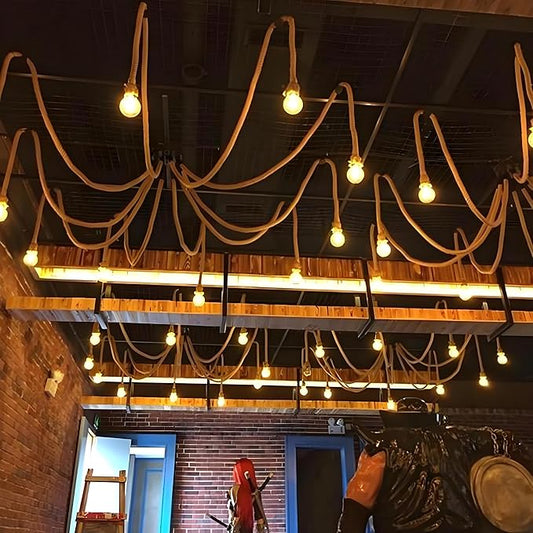 12 Head 2M Vintage Hemp Rope Light E26/E27 Base, Pendant Ceiling Light Lamp,Retro Style for Dining Hall Restaurant Bar Lighting(Bulb not Included)