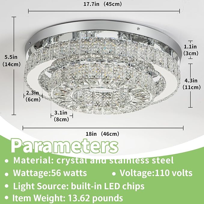 HOPGGIE 18 Inch Crystal Chandelier with Remote Control 2 Tier Flush Mount Ceiling Light Fixture LED Chandelier Light for Living Room Bedroom Dining Room Closet (dimmable)