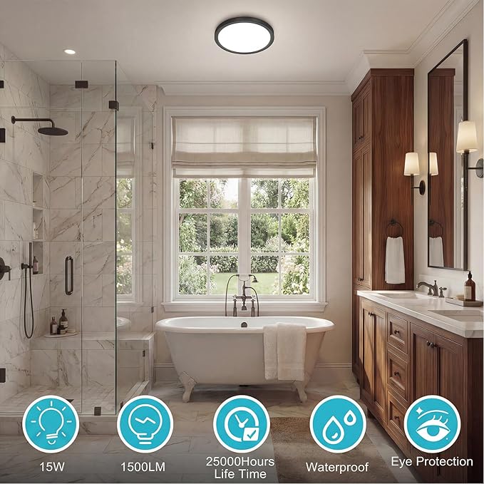 libtit 7 inch Flush Mount LED Ceiling Light Fixture, 3000K-6500K Adjustable, 15W 1500lm Black Satin Round Ceiling Lamp for Bathroom Hallway Kitchen Bedroom, 1 Pack