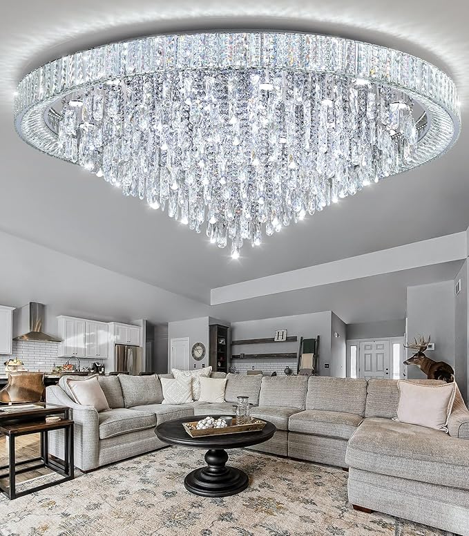 53.7" Modern Chandeliers LED Dimmable Crystal Flush Mount Ceiling Chandeliers for Living Room High Ceiling Entrance Foyer Lobby Bedroom Silver