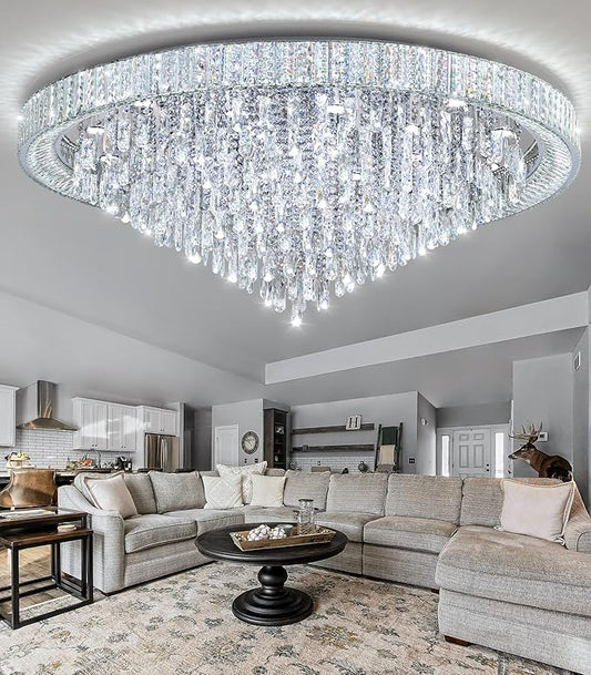 53.7" Modern Chandeliers LED Dimmable Crystal Flush Mount Ceiling Chandeliers for Living Room High Ceiling Entrance Foyer Lobby Bedroom Silver