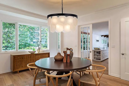 Wellmet Modern Glass Chandelier 22", Black Farmhouse Chandeliers for Dining Rooms, Round Light Fixture with White Frosted Glass Shade for Kitchen Island, Living Room, Bedroom, Hallway