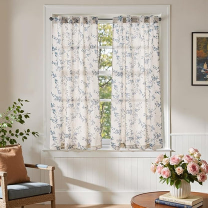 jinchan Floral Kitchen Curtains 54 Inch Linen Tier Curtains Farmhouse Cafe Half Window Drapes for Small Windows Light Filtering Blue on Beige for Living Room Bathroom Back Tab 2 Panels