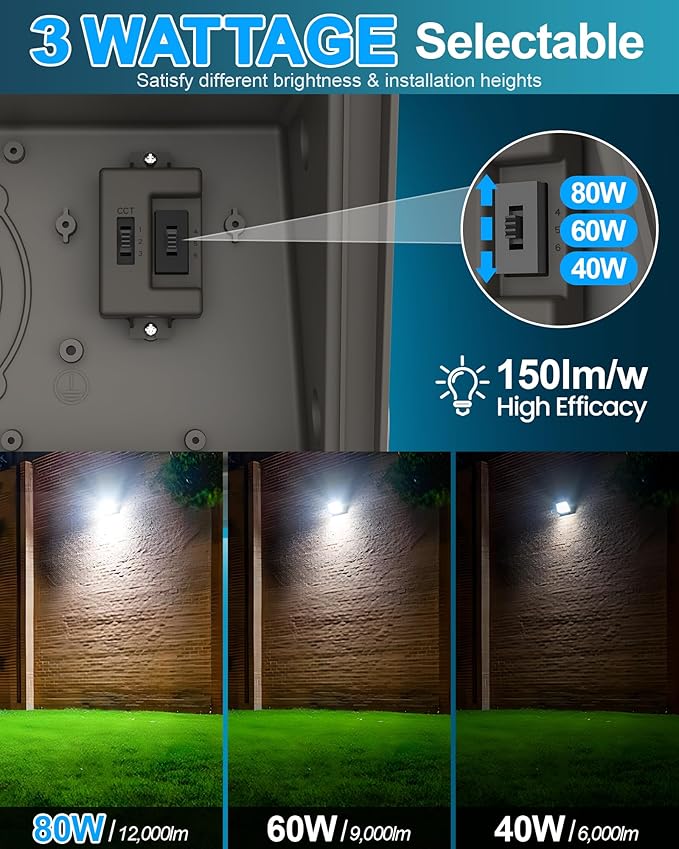AKK 4 Pack 80W 60W 40W LED Wall Pack Light with Photocell, 12000LM 150LM/W, 3 Wattage & 3 CCT Selectable (4000K/5000K/5700K), 100-277V IP65 for Parking Lots, Warehouse, Security Lighting | ETL Listed