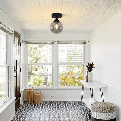 KCO Lighting Mid Century Modern Black Semi Flush Mount Ceiling Light Smoke Grey Globe Glass Ceiling Light Industrial Hallway Close to Ceiling Lights for Porch Bedroom Living Room