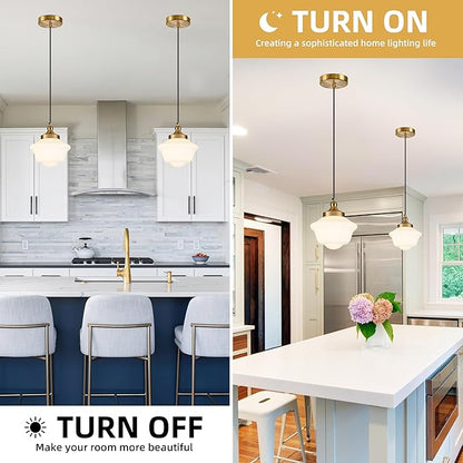 Bagood 2 Pack 8" Gold Schoolhouse Light Fixture Milk Glass Pendant Light Schoolhouse Pendant Light Milk Glass Light Fixture Mid Century Modern Light Fixture for Bedroom Bathroom Kitchen (Bulb Incl.)