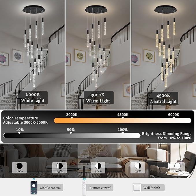 Modern High Ceiling Crystal Chandelier 12-Lights, Large Spiral LED Raindrop Foyer Pendant Lighting, Bubble Staircase Living Room Hanging Light Fixture Flush Mount Black