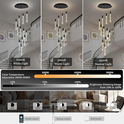 12-Lights High Ceiling Crystal Chandelier, Modern Large LED Raindrop Pendant Light Fixture 98.5" H Flush Mount Chandelier Black for Foyer Staircase Villa Living Room