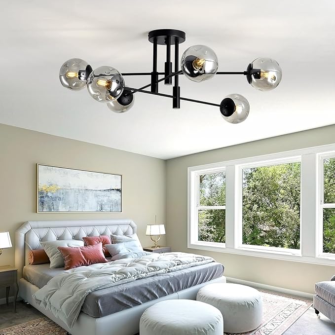 6-Lights Glass Globe Sputnik Chandelier Modern Flush Mount Ceiling Light Fixture Black Farmhouse Lighting for Dining Room Living Room Bedroom Kitchen Passageway.