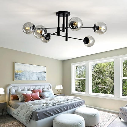 6-Lights Glass Globe Sputnik Chandelier Modern Flush Mount Ceiling Light Fixture Black Farmhouse Lighting for Dining Room Living Room Bedroom Kitchen Passageway.