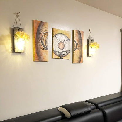 Rustic Wooden Wall Hanging Decor with LED String Lights for Modern Living Room and Bedroom, Inspirational Country Style Vintage Wall Decoration Art, 6 Hour Timer Set of 2 Grey