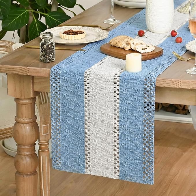 Artoid Mode Sky Blue Farmhouse Rustic Table Runner, Seasonal Hollow Kitchen Dining Table Decoration for Home Party Decor 12x36 Inch