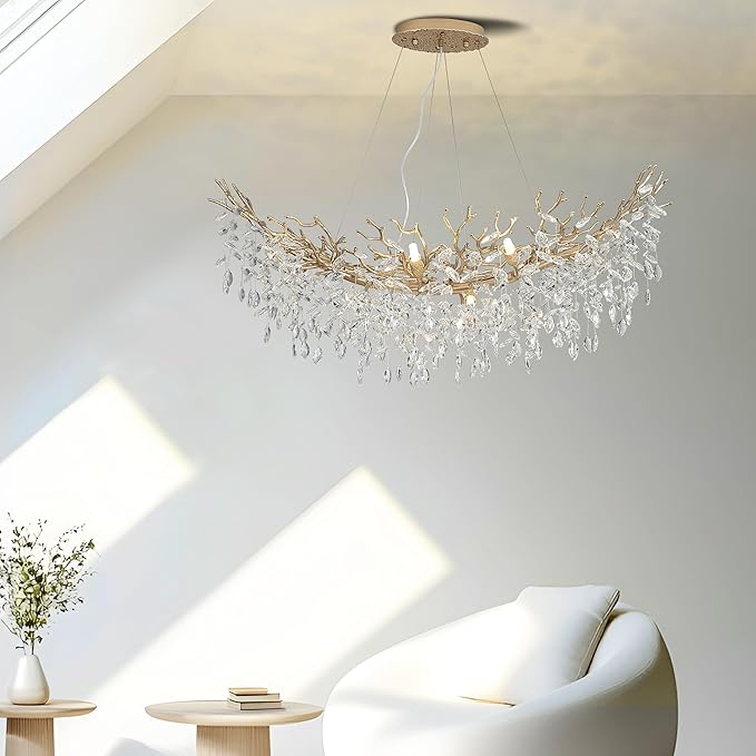 Modern Crystal Tree Branches Chandelier, 40in Gold 10 Lights Large Ceiling Hanging Light for Dining Room, Arc Raindrop Pendant Light Fixture