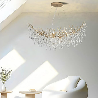 Modern Crystal Tree Branches Chandelier, 40in Gold 10 Lights Large Ceiling Hanging Light for Dining Room, Arc Raindrop Pendant Light Fixture