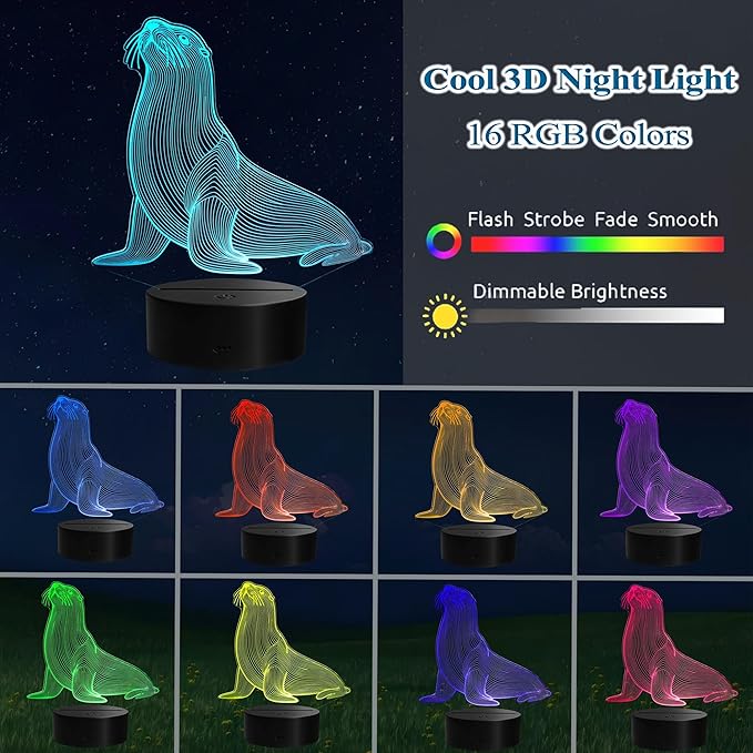 Seal 3D Night Light, Seal Gifts with Remote Control, 16 RGB Colors, 4 Flashing Modes, Timer, Dimmable, Seal Animal Toys, Stuff and Ornament for for Holiday Birthday Christmas