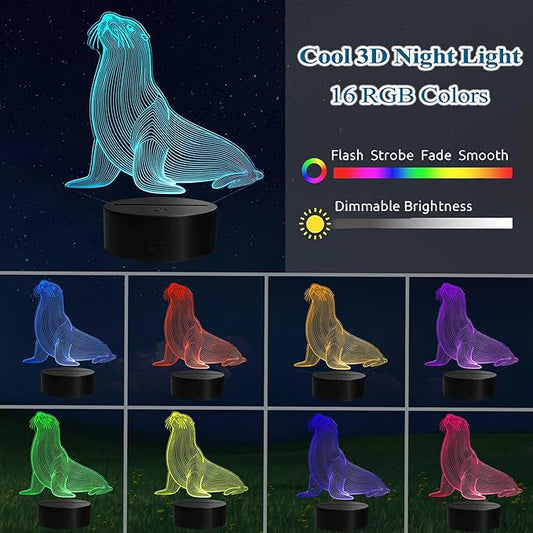 Seal 3D Night Light, Seal Gifts with Remote Control, 16 RGB Colors, 4 Flashing Modes, Timer, Dimmable, Seal Animal Toys, Stuff and Ornament for for Holiday Birthday Christmas