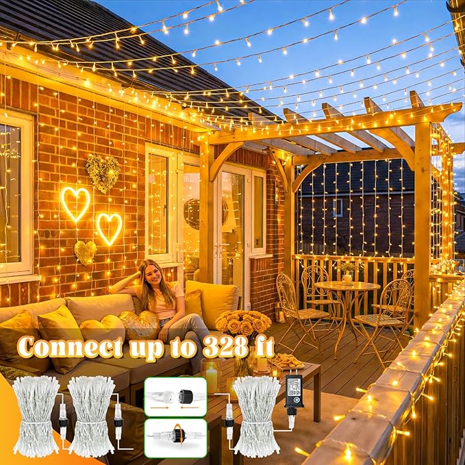 66FT 200 LED Outdoor String Lights, Plug in Christmas Lights Indoor Waterproof, 8 Modes Connectable Clear Wire Fairy Twinkle Lights for Bedroom Garden Yard Wedding Party Decorations, Warm White