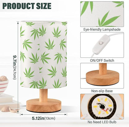 Table Lamp Green Marijuana Leaf Cannabis Weed Leaves on White Nightstand Lamp with Wood Base Fabric Lamp Shade Bedside Desk Lamp for Living Room Bedroom Kids Room Office