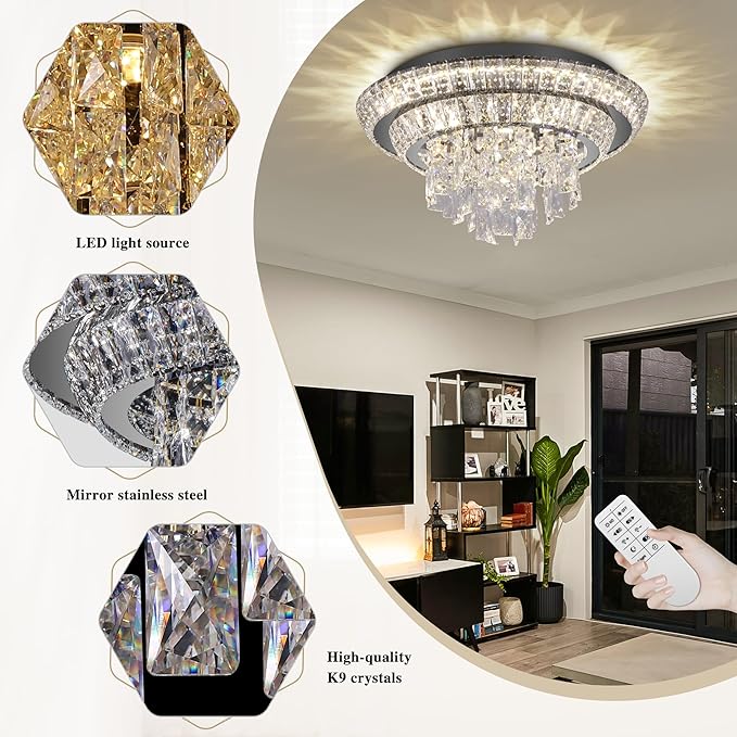 18 inch Crystal Black Ceiling-Light Flush Mount with Remote and APP Control, 3CCT Dimmable & Brightness Adjustable, Modern Crystal Raindrop Chandeliers for Bedroom Hallway Dinning Room Living Room