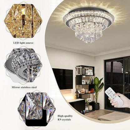 18 inch Crystal Black Ceiling-Light Flush Mount with Remote and APP Control, 3CCT Dimmable & Brightness Adjustable, Modern Crystal Raindrop Chandeliers for Bedroom Hallway Dinning Room Living Room