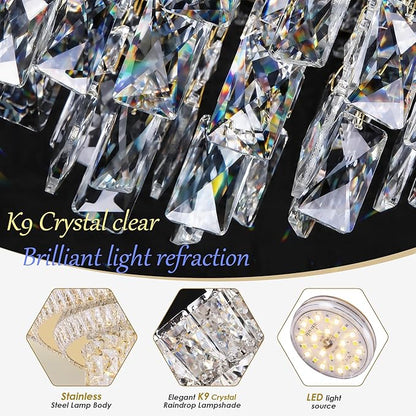 24 inch Flush Mount Crystal Chandelierse with Remote and APP Gold, Modern Elegant LED Crystal Raindrop Ceiling Light Fixtur, 3CCT Dimmable, for Living Room Kitchen Island Bedroom Entryway Foyer