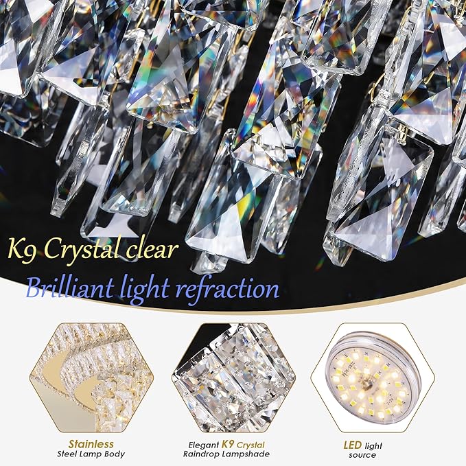 24 inch Crystal Gold Ceiling-Light Flush Mount With Remote Control and APP, 3CCT Dimmable & Brightness Adjustable, Modern Crystal Raindrop Chandeliers for Bedroom Hallway Dinning Room Living Room