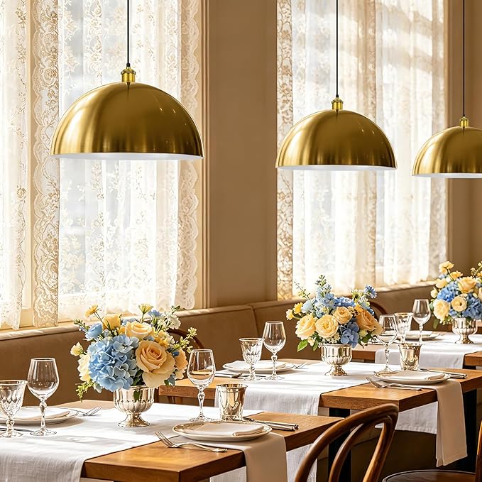 Gold Pendant Light, 16" Farmhouse Ceiling Light with Gold and White, Elegant Semi-Circular Shade Design, Adjustable Height Industrial Dome Pendant Lights for Kitchen Island, Dining Room