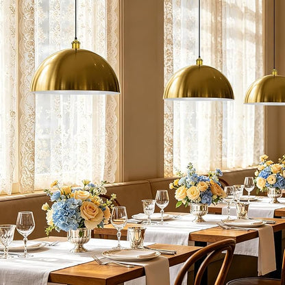Gold Pendant Light, 16" Farmhouse Ceiling Light with Gold and White, Elegant Semi-Circular Shade Design, Adjustable Height Industrial Dome Pendant Lights for Kitchen Island, Dining Room