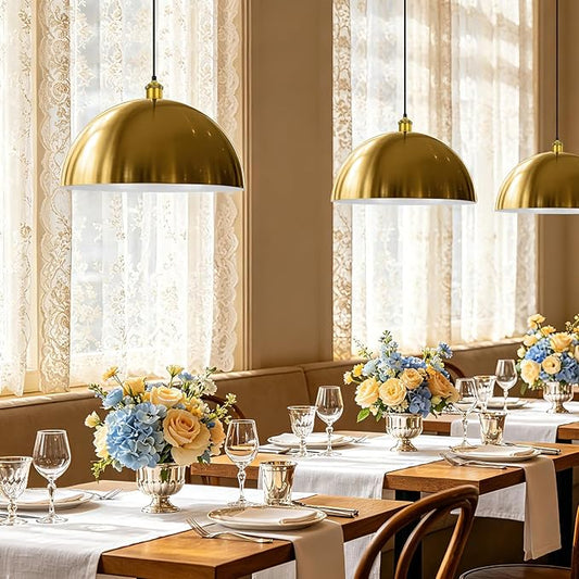 Gold Pendant Light, 16" Farmhouse Ceiling Light with Gold and White, Elegant Semi-Circular Shade Design, Adjustable Height Industrial Dome Pendant Lights for Kitchen Island, Dining Room