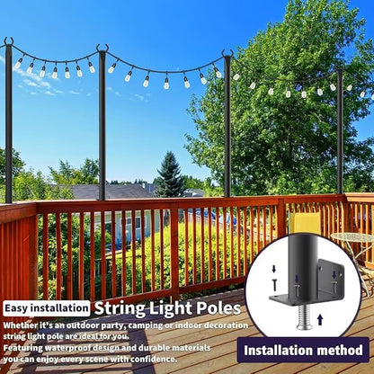 AHRLHR 5 Ft String Light Poles 2 Pack, String Light Poles for Outside with Fixing Clips,Hanging Light Poles for Deck Fence Garden Backyard Wall Bistro,Metal Poles for Outdoor String Lights