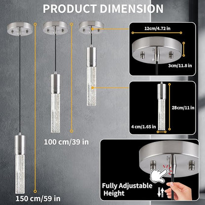 Brushed Nickel Pendant Lights Kitchen Island, Crystal Bubble Pendant Lights, Adjustable Modern Pendant Light Fixtures for Dining Living Room Bedroom 3 Pack