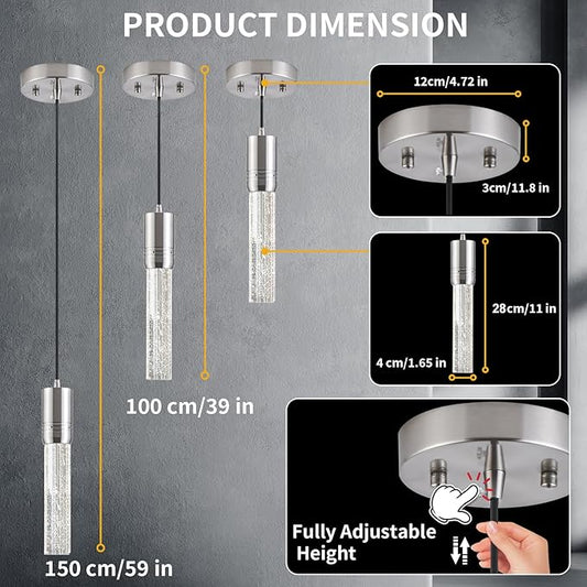 Brushed Nickel Pendant Lights Kitchen Island, Crystal Bubble Pendant Lights, Adjustable Modern Pendant Light Fixtures for Dining Living Room Bedroom 3 Pack