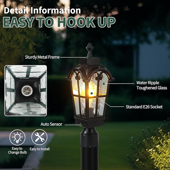 Motion Sensor Outdoor Post Lights Waterproof Dawn to Dusk Sensor Post Light Fixture Outdoor Anti-Rust Waterproof Exterior Lamp Post Lighting for Yard Pathway Driveway Fence -2 Pack