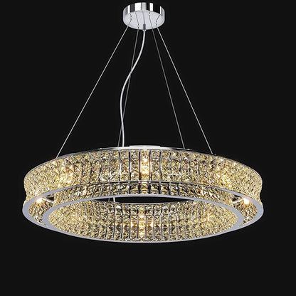 Modern Crystal Chandelier Round 16-Light Contemporary Hanging Ceiling Light Fixture Chrome Finish with Clear Rectangular Crystals Dining Room Living Room Bedroom Entryway Lighting Easy Install 31.5''