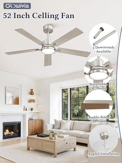 52 Inch Ceiling Fan with Lights and Remote, Smart APP Control, Dimmable with All-Setting Memory, Quiet DC Motor Reversible Blades, Damp Rated Modern Ceiling Fan for Bedroom Patio Living Room