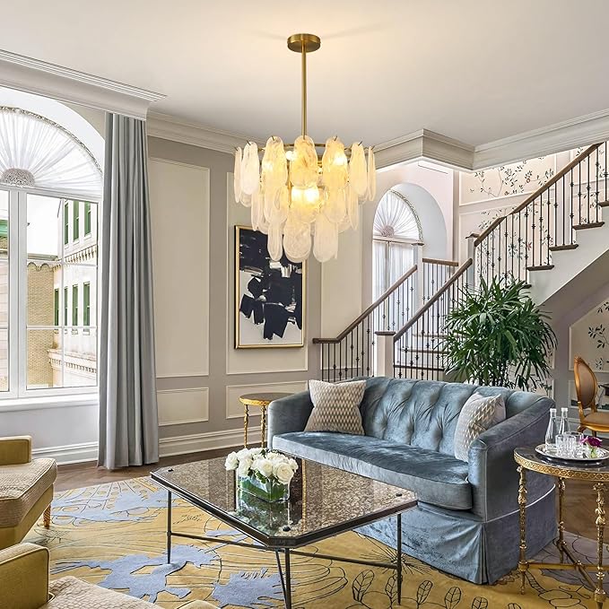 Modern Gold Cloud Glass Chandeliers, 19.68 Inches Creative Crystal Pendant Ceiling Fixture, 3 Tier Luxury Height Adjustable Chandelier, 6-Light for Bedroom Living Room Dining Room Hallway Foyer (E12)
